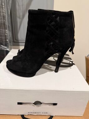 Nine West Black Suede Open-Toe Ankle Booties with Back Zip